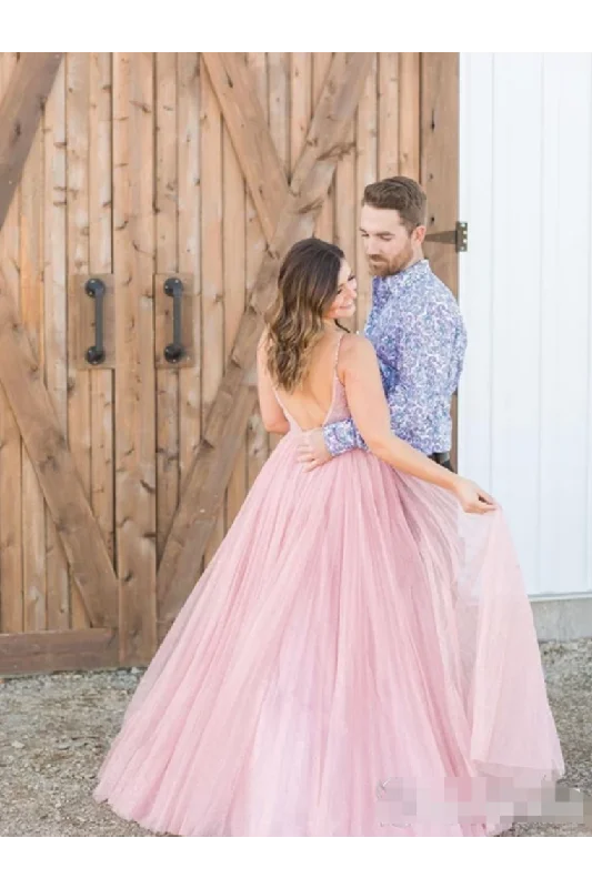 Long Prom Dress With Beaded Bodice And Plunging Illusion V-Neck Formal STIPZ727PDG