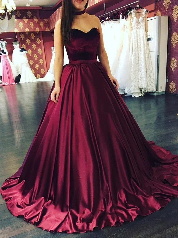 Ball Gown Sweetheart Sleeveless Sweep/Brush Train Ruffles Satin Dresses TPP0002635