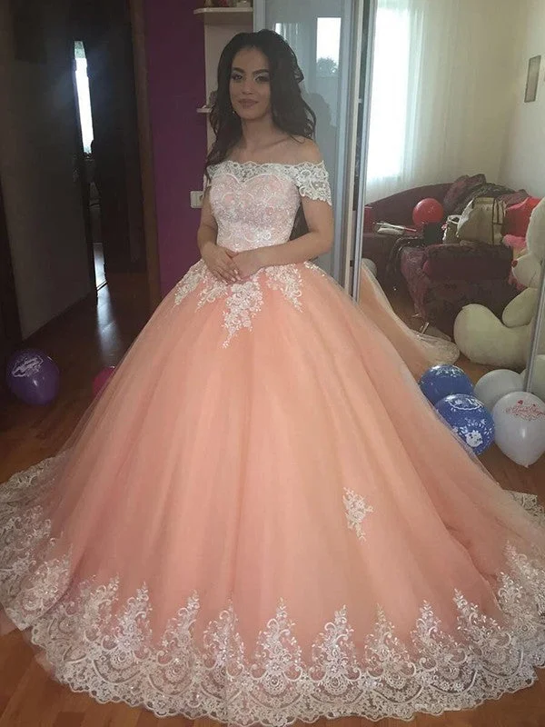 Ball Gown Sleeveless Off-the-Shoulder Court Train Tulle Lace Dresses TPP0002108