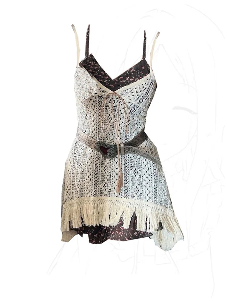 Getadme-2000s Aesthetics Fashion Gyaru Outfits 2 Piece Set Floral Dress Prairie Chic + Knitted Tops With Belt Spring Summer High Street
