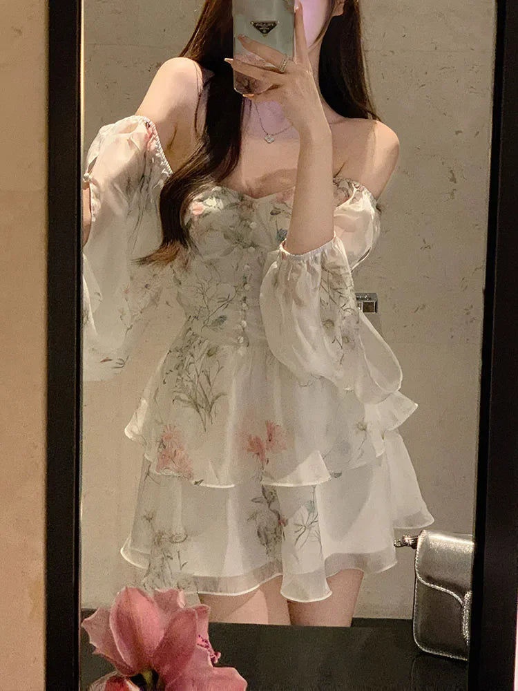 Getadme-Chiffon Dress for Women Long Sleeve Party French Style Dress Fairycore Floral Ruffles Square Collar New Spring Summer Dress
