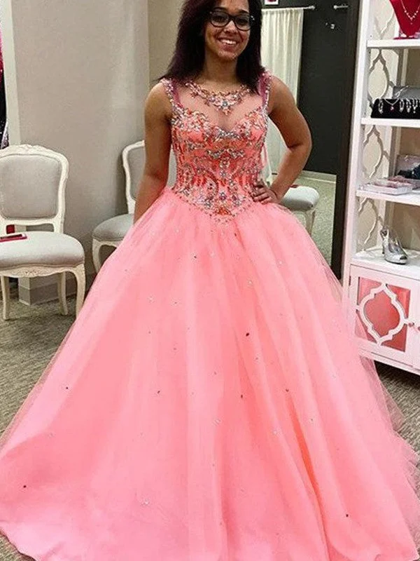 Ball Gown Sweetheart Sleeveless Tulle Beading Floor-Length Dresses TPP0003050