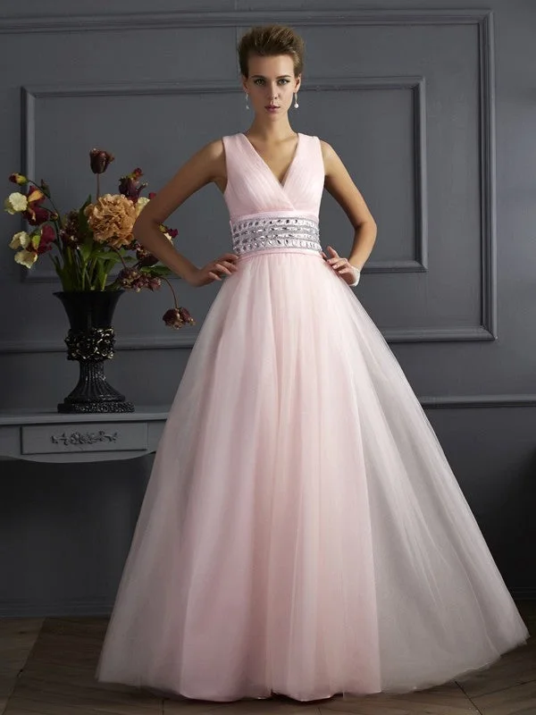 Ball Gown V-neck Sleeveless Beading Long Net Dresses TPP0002710