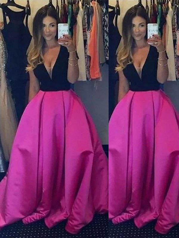 Ball Gown Sleeveless V-neck Ruffles Floor-Length Satin Dresses TPP0002184