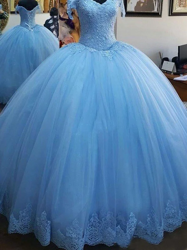 Ball Gown Sleeveless Off-the-Shoulder Sweep/Brush Train Lace Tulle Dresses TPP0001583