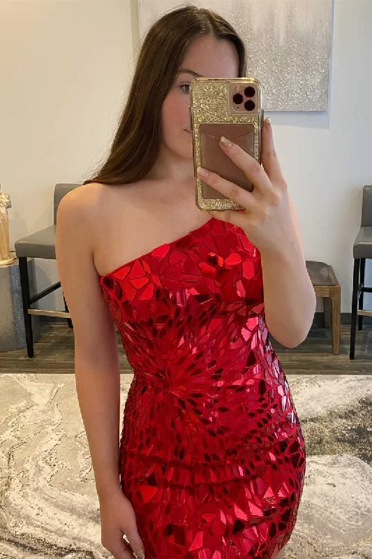 One-Shoulder Cut Glass Mirror Fitted Mini Homecoming Dress c3112