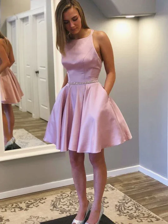 A-Line/Princess Satin With Rhinestone Straps Sleeveless Short/Mini Homecoming Dresses c3213