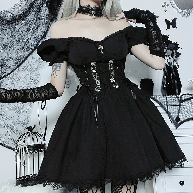 Getadme-Women's Gothic Style Dresses Casual Temperament Street Short Design Sense Summer Rose Slim Lace A Swing Dresses