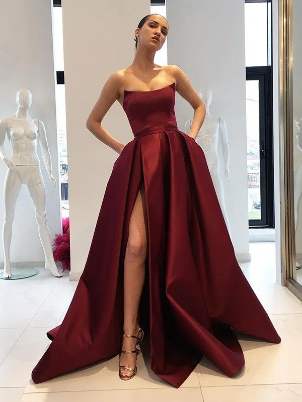 Ball Gown Sleeveless Strapless Sweep/Brush Train Ruffles Satin Dresses TPP0001692