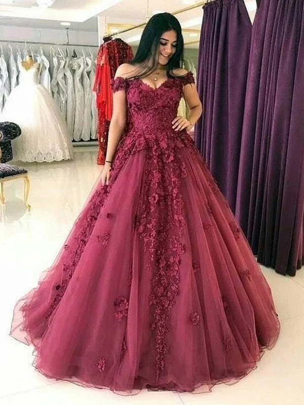 Ball Gown Sleeveless Off-the-Shoulder Sweep/Brush Train Applique Tulle Dresses TPP0002038