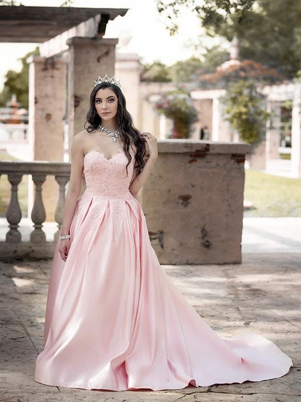 Ball Gown Sweetheart Lace Satin Sleeveless Court Train Dresses TPP0004712