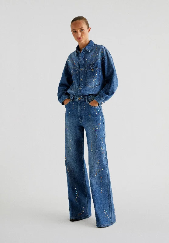 STRASS MULTICOLOR DENIM SHIRT Notch Collar Peter Pan Collar Cowl Neck