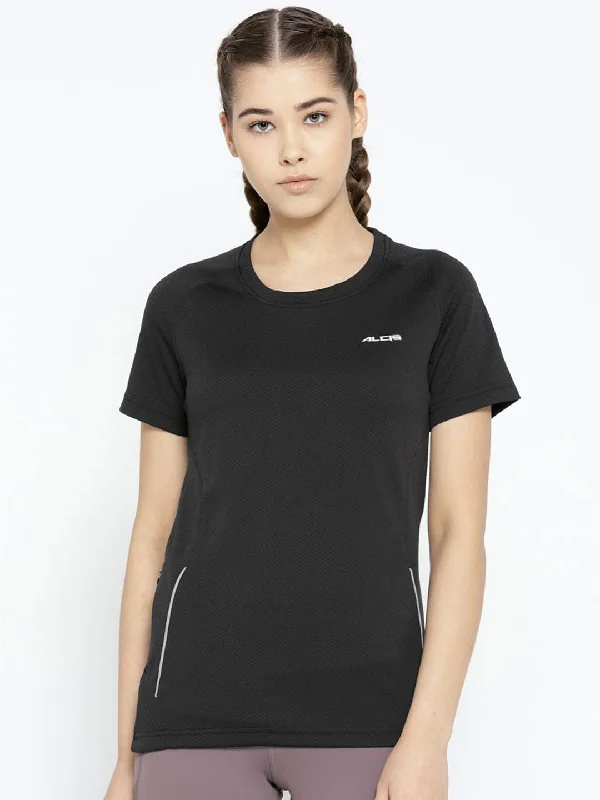Alcis Women Black Solid Round Neck Running T-shirt Hooded Caped Shawl Collar