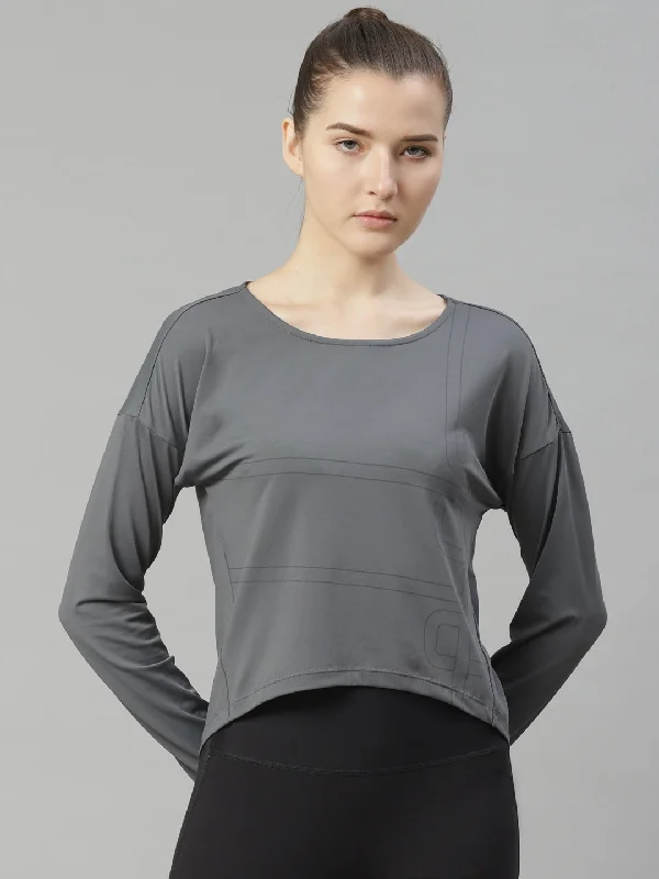 Alcis Women Grey Striped Slim Fit Round Neck T-shirt Striped Floral Plaid