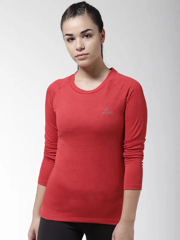 Alcis Women Red Self Design Round Neck T-shirt Elasticated Padded Insulated