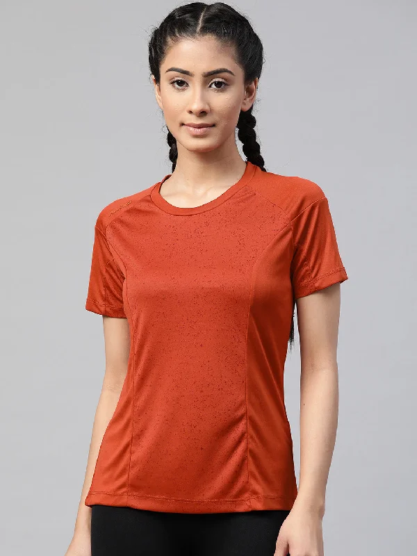 Alcis Women Rust Orange Printed Slim Fit Round Neck Tennis T-shirt Mesh Blend Leather Blend Suede Blend