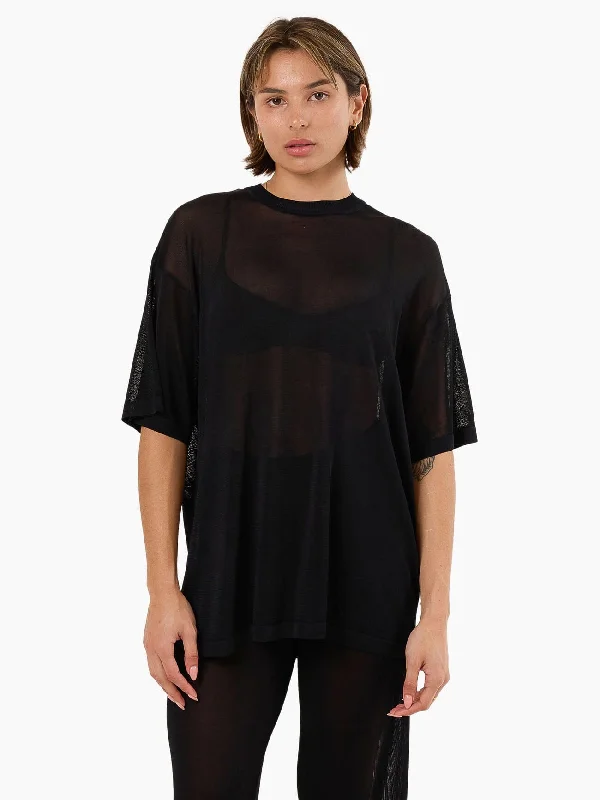 Anais Knit Oversize Tee - Black Solid Print Embellished