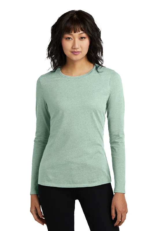 District Womens Perfect Blend CVC Long Sleeve Crewneck T-Shirt - Heather Dusty Sage Green - New Asymmetrical Pockets Print