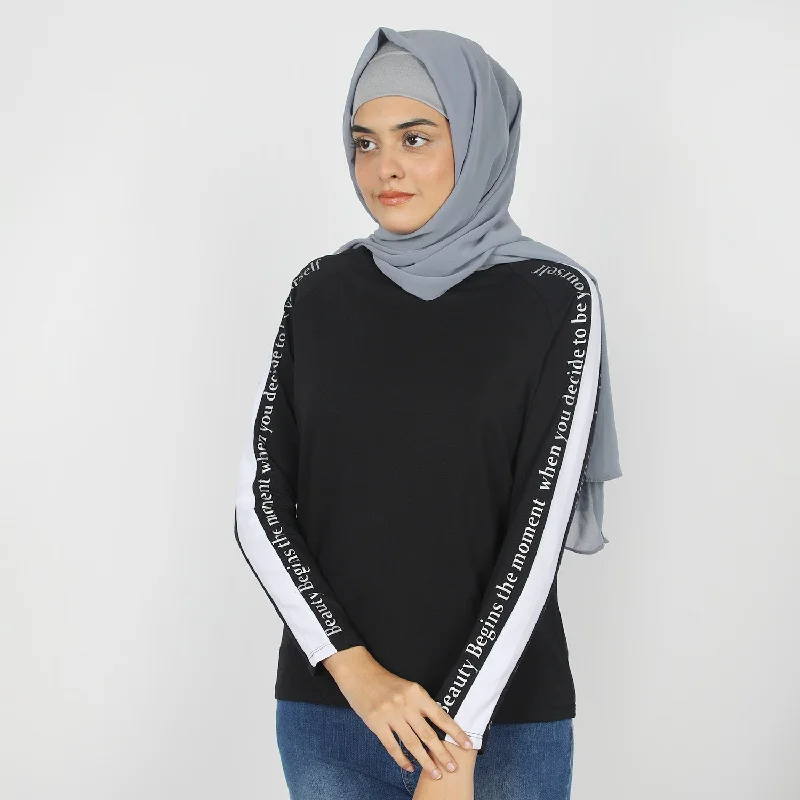 Eminent Women's Full Sleeves T-Shirt - Black Print Jacquard Patchwork