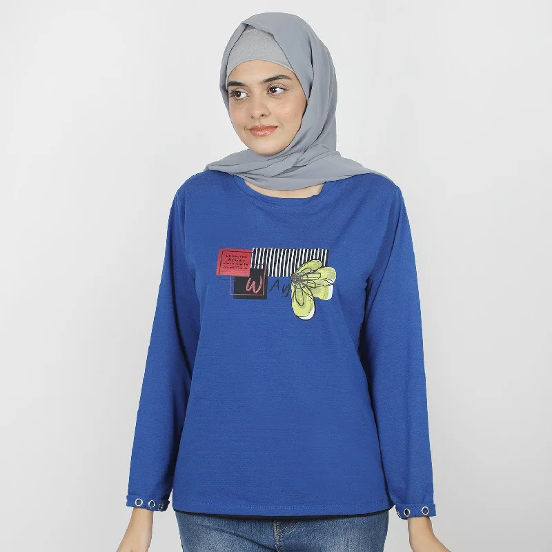 Eminent Women's Full Sleeves T-Shirt - Royal Blue Print Jacquard Patchwork