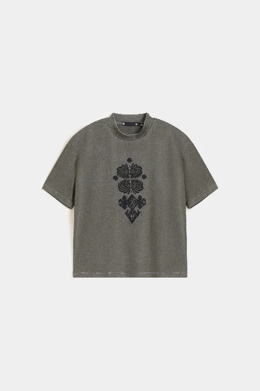 Embroidered Cropped Mock Neck T-Shirt Spandex Blend Rayon Blend Denim Blend