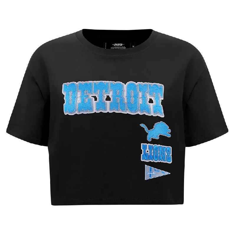 NFL DETROIT LIONS RETRO CLASSIC WOMEN'S SJ BOXY TEE (BLACK) Embroidered Appliqued Beaded