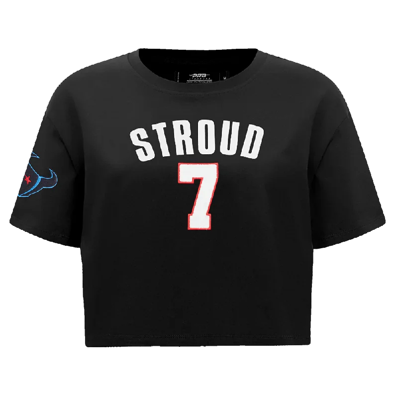 NFL HOUSTON TEXANS CJ STROUD #7 CLASSIC WOMEN'S SJ BOXY TEE (BLACK) Notch Collar Peter Pan Collar Cowl Neck NFL HOUSTON TEXANS CJ STROUD #7 CLASSIC WOMEN'S SJ BOXY TEE (BLACK) Notch Collar Peter Pan Collar Cowl Neck