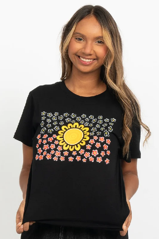 Wildflowers in the Sun Flag Black Cotton Crew Neck Womens T-Shirt Collared Crew Neck Turtle Neck