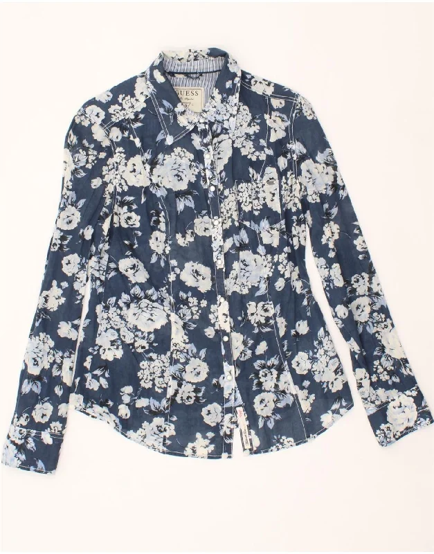 GUESS Womens Shirt UK 14 Large Navy Blue Floral Cotton Casual Formal Business