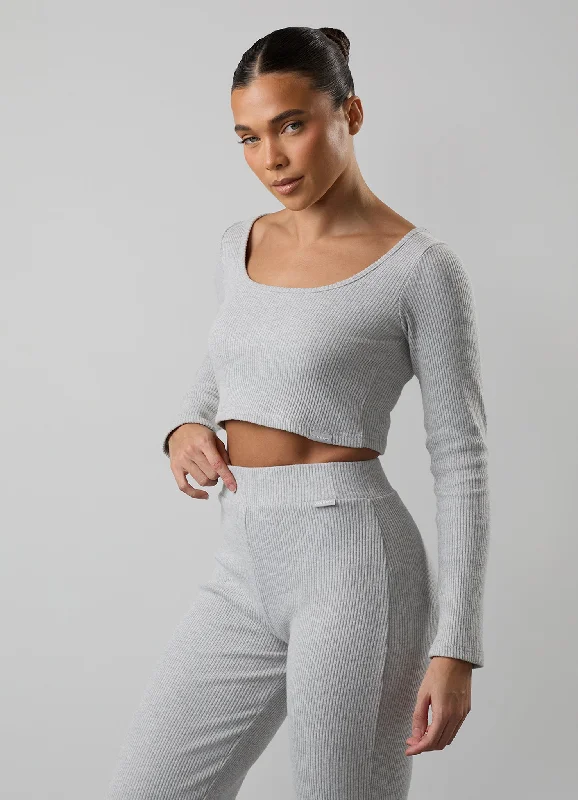 Gym King Serenity Rib Square Neck Long Sleeve Tee - Grey Marl Asymmetrical Pockets Print Gym King Serenity Rib Square Neck Long Sleeve Tee - Grey Marl Asymmetrical Pockets Print