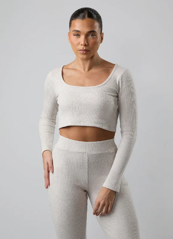 Gym King Serenity Rib Square Neck Long Sleeve Tee - Light Oatmeal Marl Mesh Blend Leather Blend Suede Blend