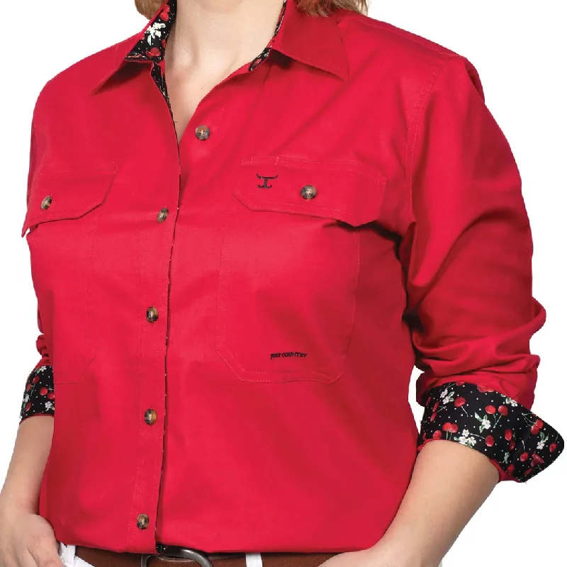 Just Country Womens Brooke Trim Full-Button LS Shirt-CHERRY Mesh Blend Leather Blend Suede Blend