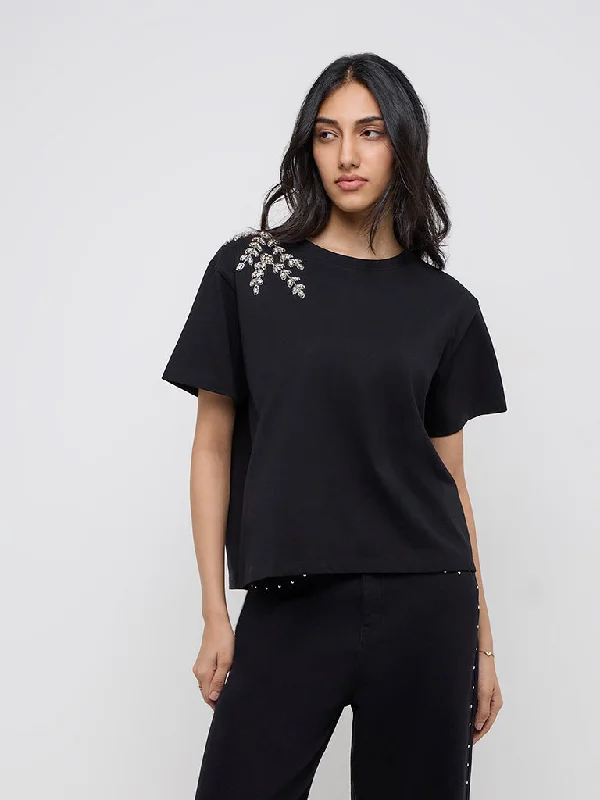 LOV Black Diamante Embellished Cotton T-Shirt Satin Fabric Silk Fabric Chiffon Fabric