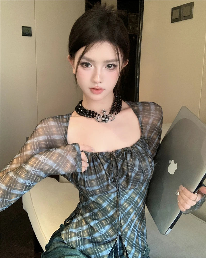 Lunivop Square Neck Contrast Color Plaid Casual Long-sleeved T-shirt Women Autumn New Korean Lace Up Pleated Sexy Slim Crop Tops Anti-Shrink Durable Soft