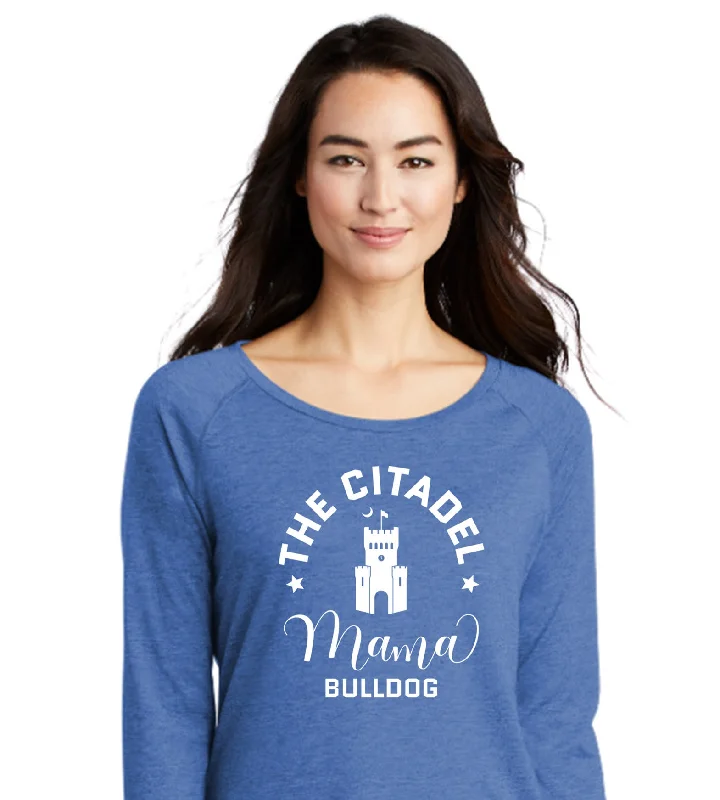 The Citadel, Mama Bulldog Barracks Ladies Long Sleeve Tri-Blend Wicking Scoop Neck Raglan Tee Shirt Notch Collar Peter Pan Collar Cowl Neck
