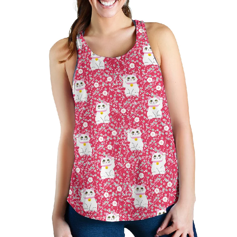Maneki Neko Lucky Cat sakura pink background Women Racerback Tank Top lemon yellow tank