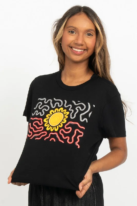 Threaded Together Flag Black Cotton Crew Neck Womens T-Shirt Rayon Velvet Corduroy