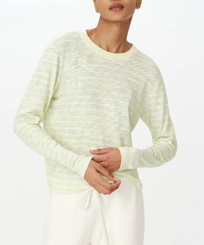 Slub Jersey with Stripe Long Sleeve Destroyed Wash Crop Tee - Mint Tint-White Satin Fabric Silk Fabric Chiffon Fabric