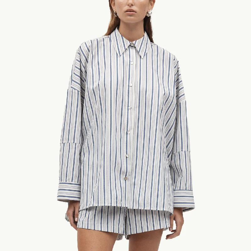 Edie Shirt - Cerulean Stripe Satin Blend Silk Blend Wool Blend