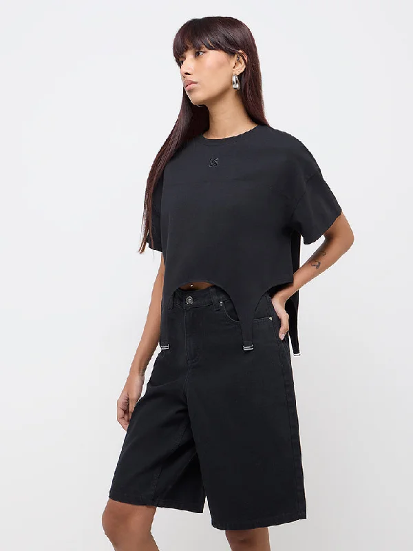 Nuon Black Cut-Out Design Cotton Blend T-Shirt Zippered Buttoned Snapped