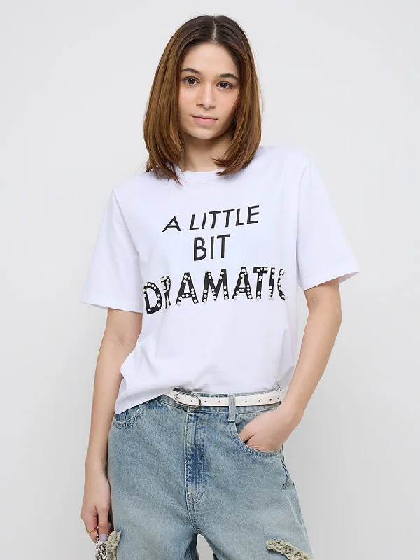 Nuon White Text Embellished Cotton T-Shirt Handmade Hand-knitted Hand-woven