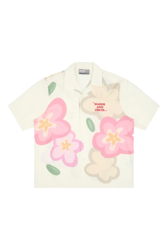 Cartoon Hand Painted Flower Cuban Shirt - Cream Chenille Brocade Lace