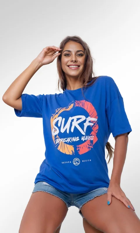 Over Size Women T-Shirt SURF (Blue) Satin Fabric Silk Fabric Chiffon Fabric