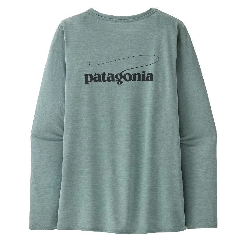 Patagonia Womens L/S Cap Cool Daily Graphic Shirt - Waters Casting Logo / Thermal Blue X-Dye Hooded Caped Shawl Collar Patagonia Womens L/S Cap Cool Daily Graphic Shirt - Waters Casting Logo / Thermal Blue X-Dye Hooded Caped Shawl Collar