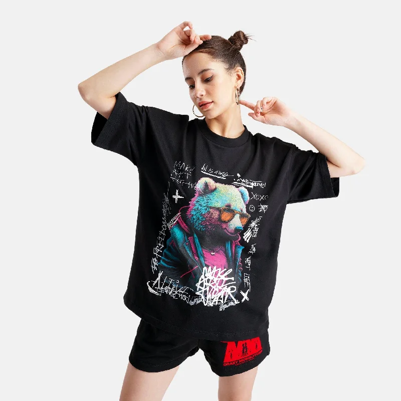 Psy Bear Oversized Terry T-Shirt in Black - Womens Fitted T-Shirt Seamless Stretchy