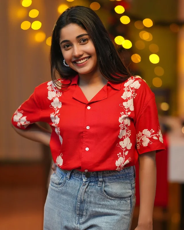 Red Panel Printed Shirt | Rayon Lace Blend Ribbed Blend Corduroy Blend