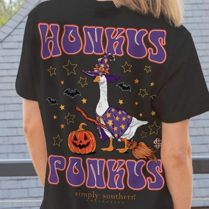 Simply Southern Women's "Honkus Ponkus" Goose Halloween Tee Denim Fabric Leather Fabric Suede Fabric Simply Southern Women's "Honkus Ponkus" Goose Halloween Tee Denim Fabric Leather Fabric Suede Fabric