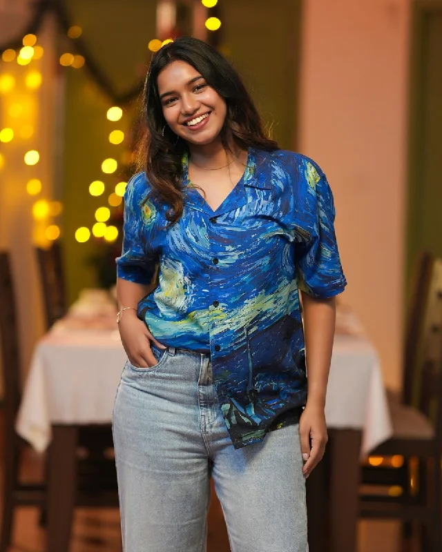 Starry Night Printed Shirt | Rayon Collared T-Shirt Boat Neck A-Line