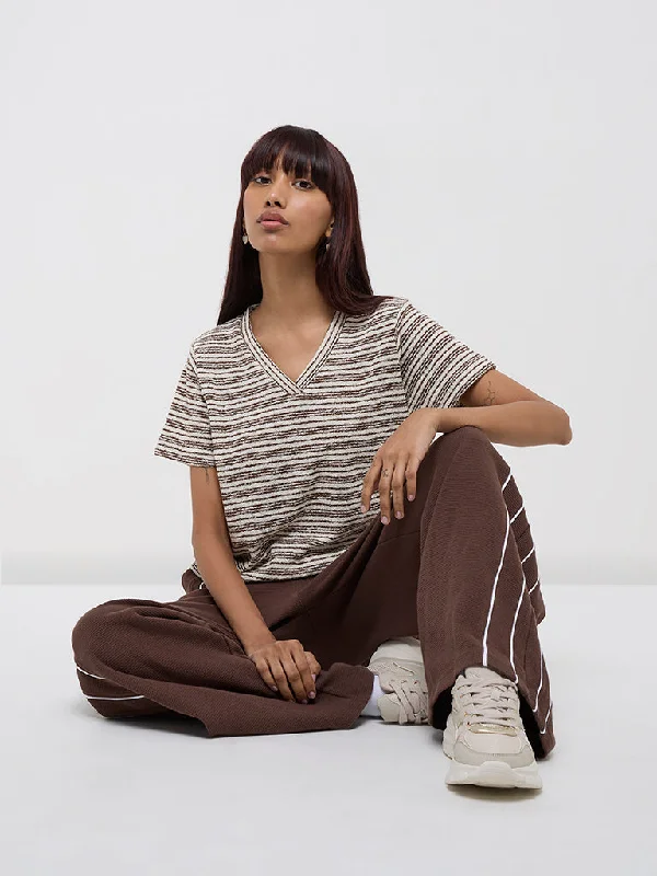 Studiofit Brown Stripe Printed Cotton T-Shirt Anti-Pilling Machine Wash Handmade