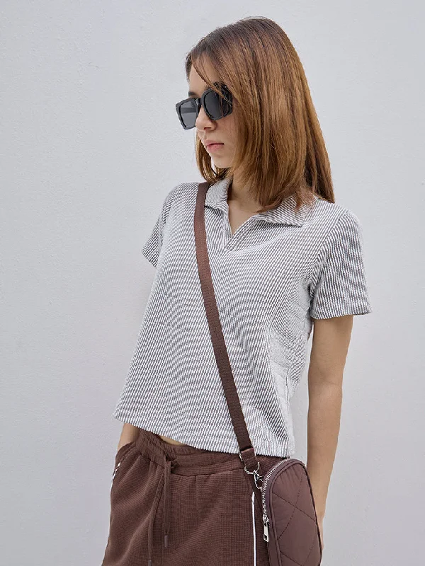 Studiofit Brown Striped and Textured T-Shirt Welt Pockets Slit Pockets
